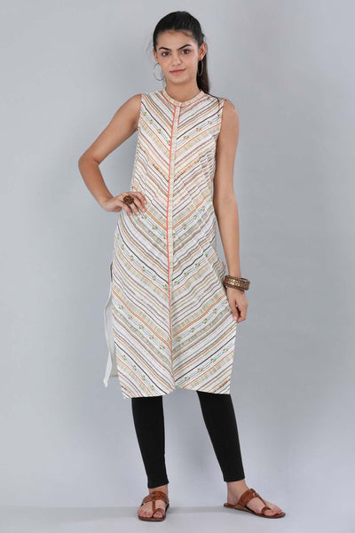 White Mandarin Neck Printed kurta