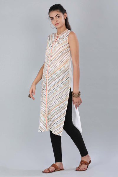White Mandarin Neck Printed kurta