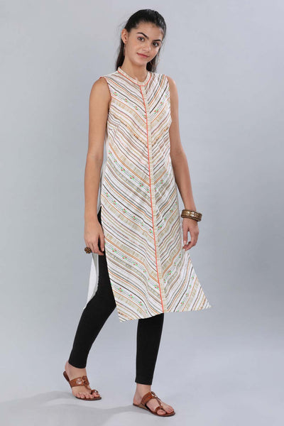 White Mandarin Neck Printed kurta