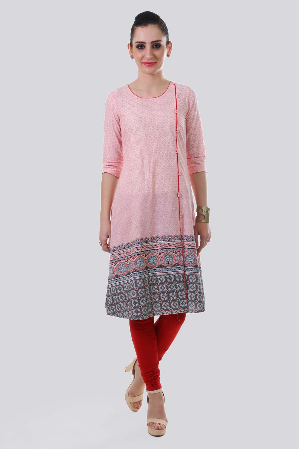 Pink &amp; White Round Neck kurta