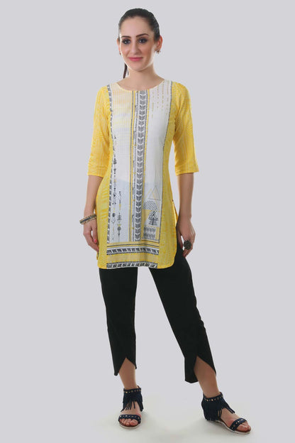 Yellow Printed Round Neck kurta