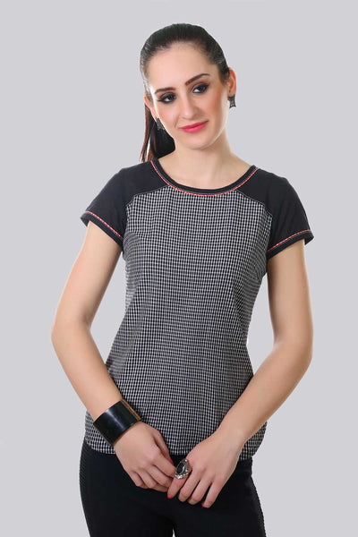 Black Round Neck Checkered Top