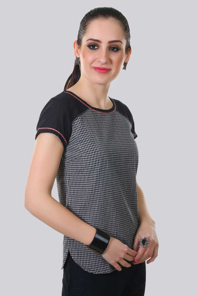 Black Round Neck Checkered Top