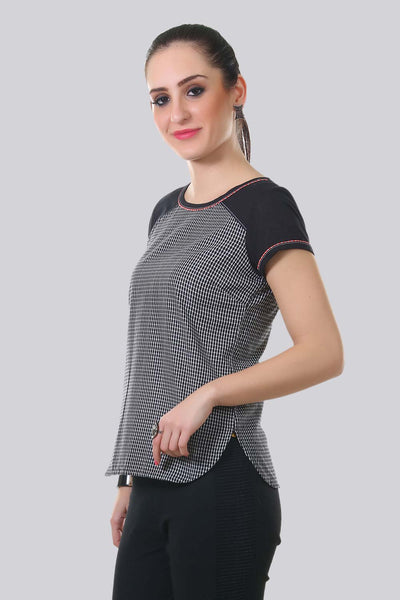 Black Round Neck Checkered Top