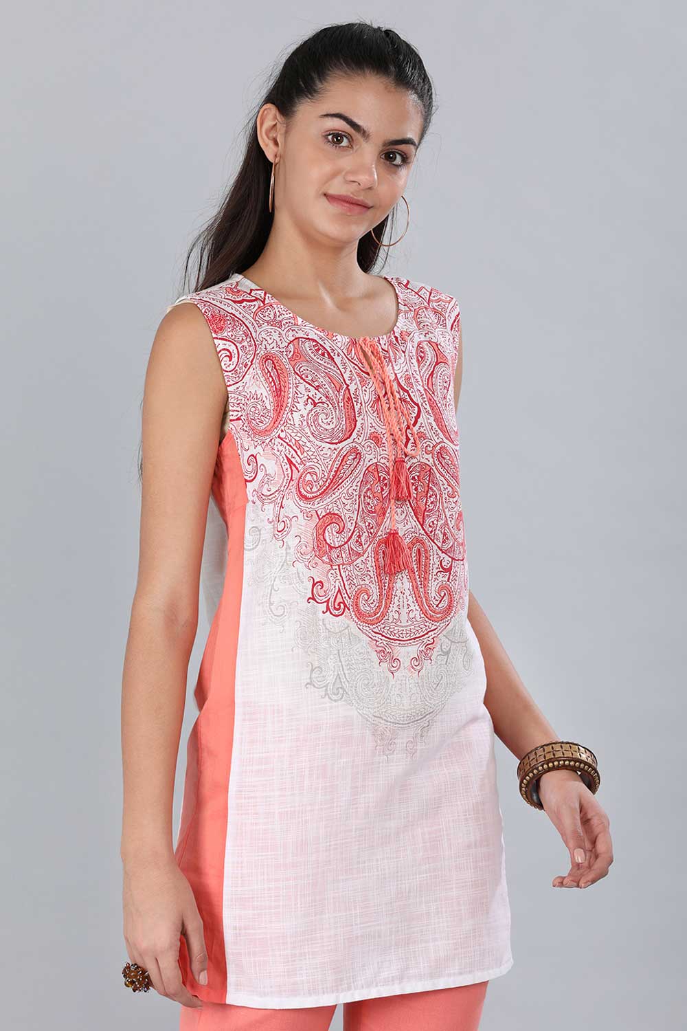 Pink Round Neck Tie-Up kurta