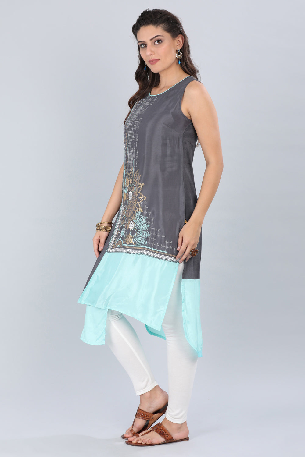 Grey Round Neck Asymmetrical kurta