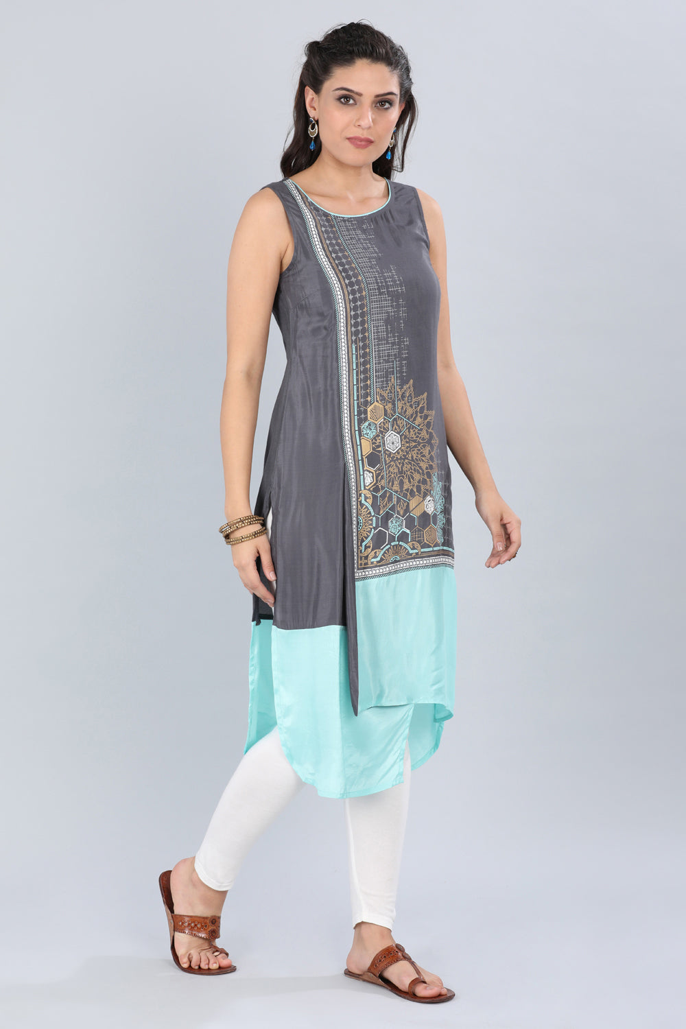 Grey Round Neck Asymmetrical kurta