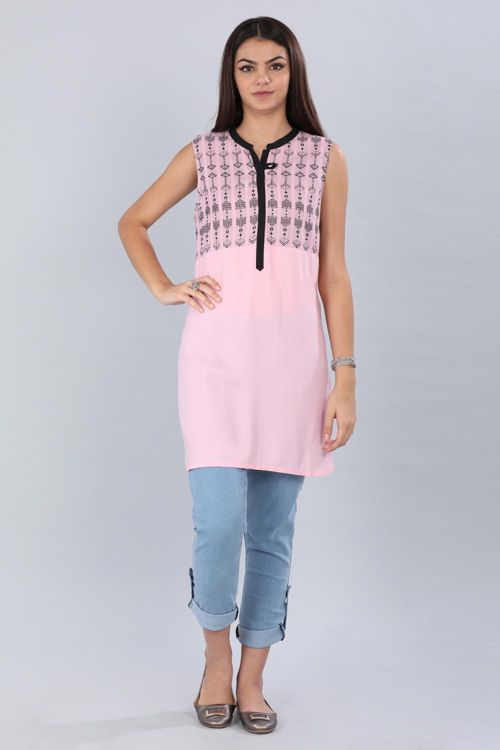 Pink Mandarin Neck Printed kurta