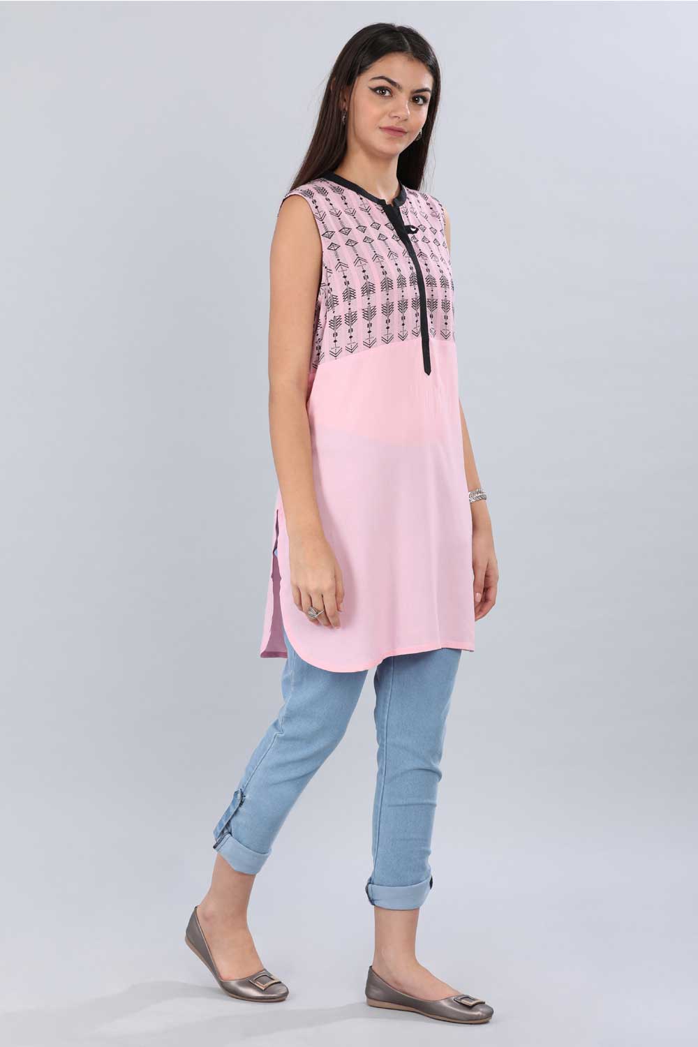 Pink Mandarin Neck Printed kurta