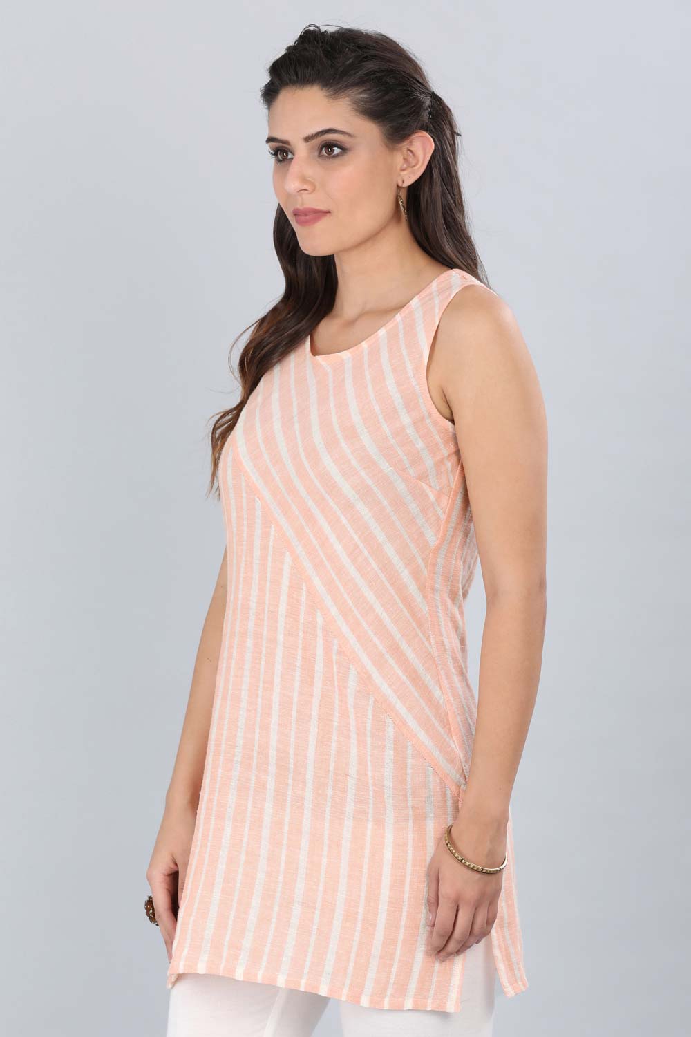 Orange Round Neck Striped kurta