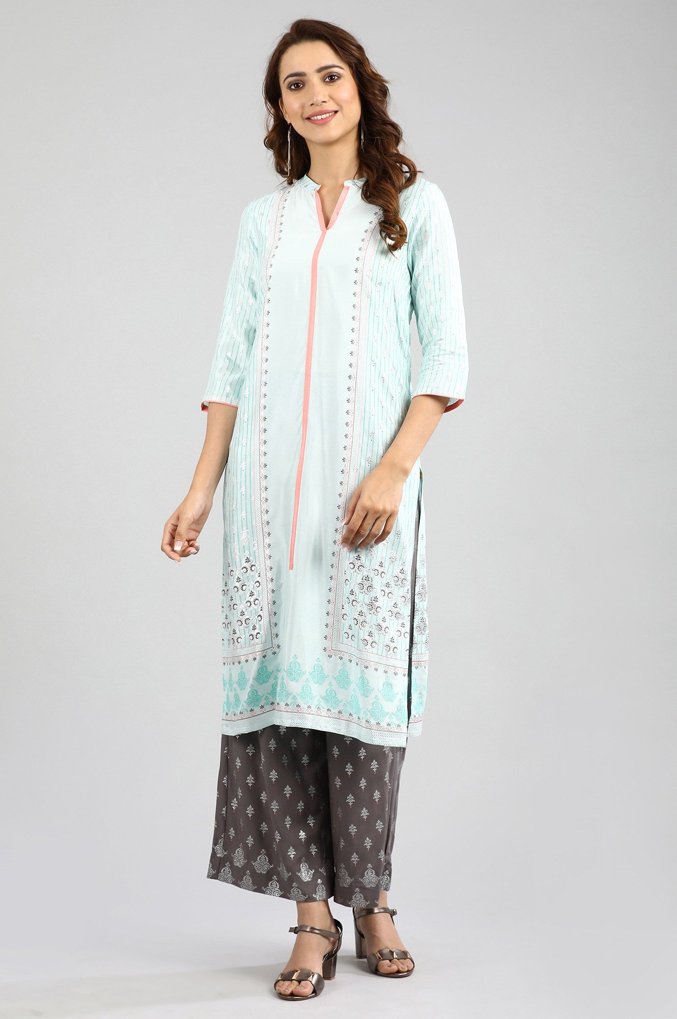 Blue Band Collar Printed kurta