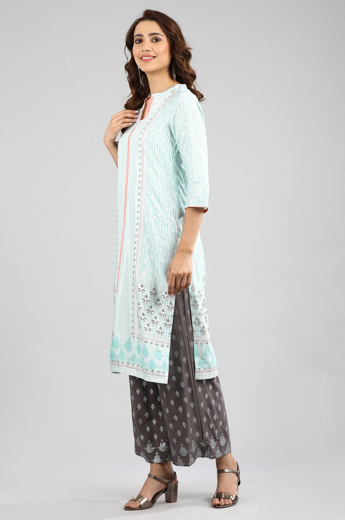 Blue Band Collar Printed kurta