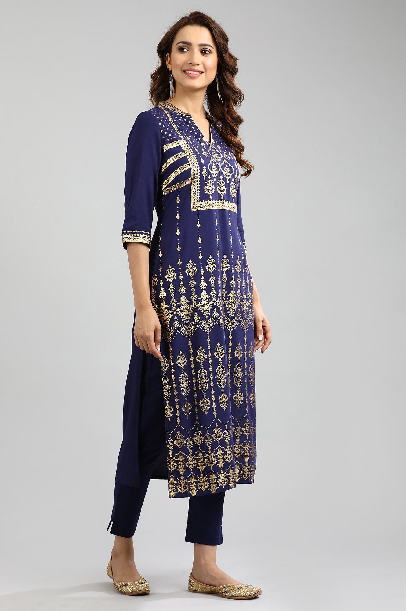 Blue Band Collar Printed kurta