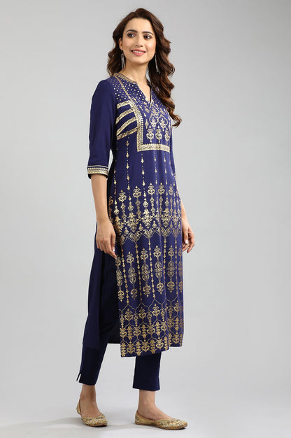 Blue Band Collar Printed kurta