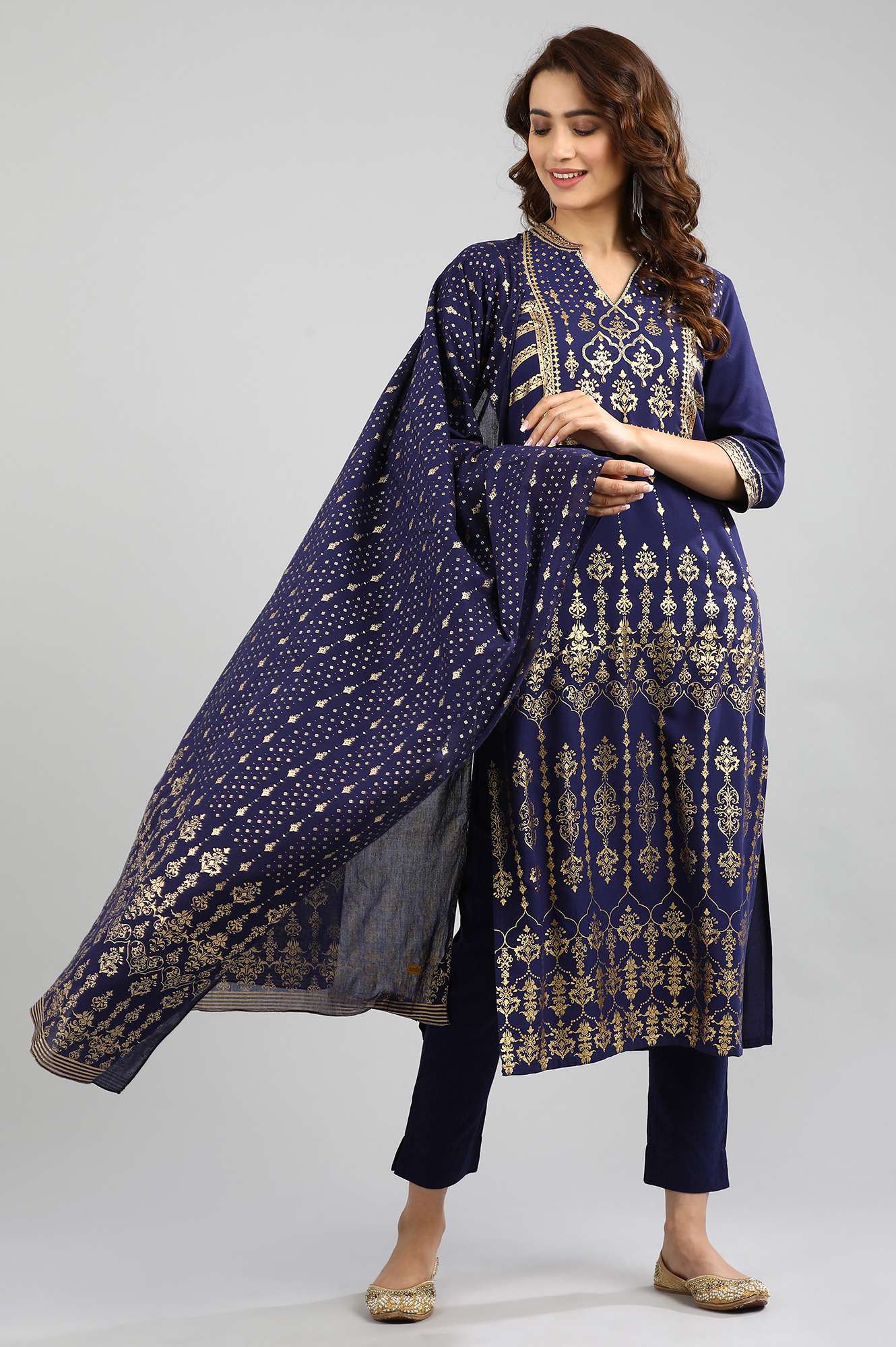 Blue Band Collar Printed kurta