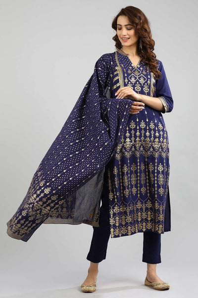 Blue Band Collar Printed kurta