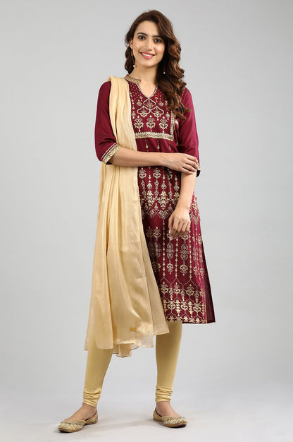 Maroon Band Collar Printed kurta