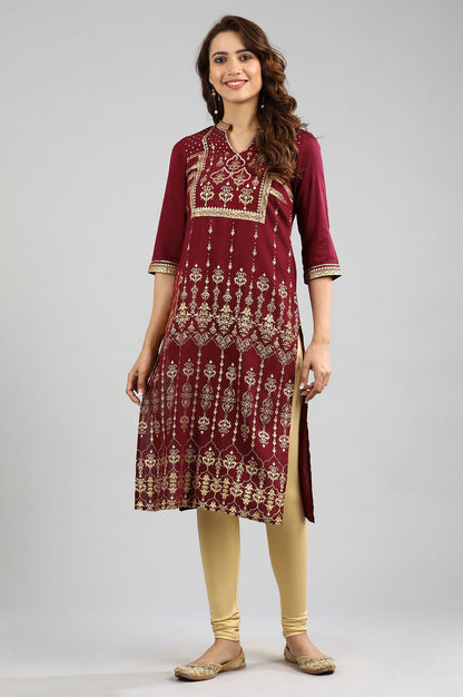 Maroon Band Collar Printed kurta