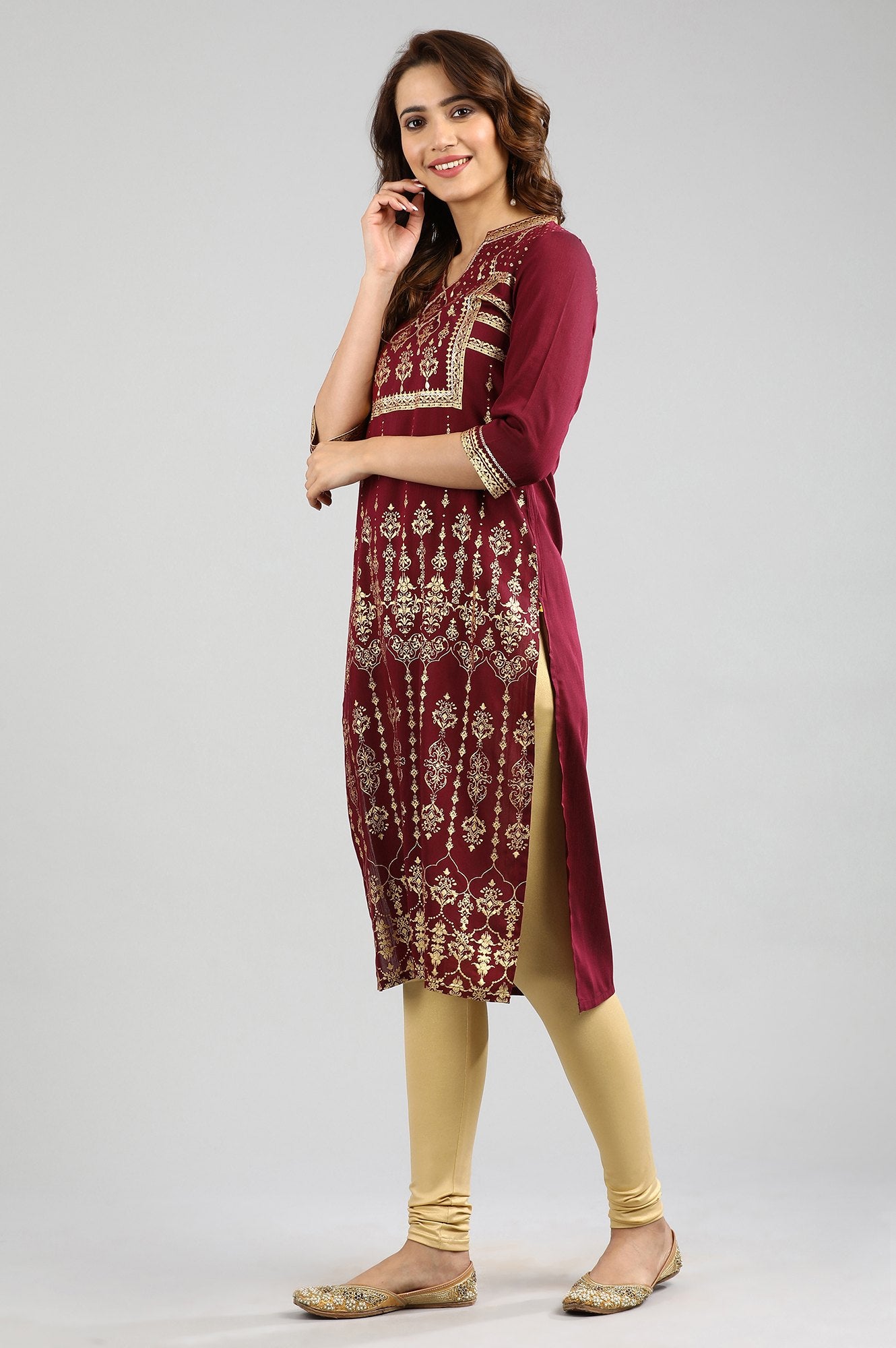 Maroon Band Collar Printed kurta