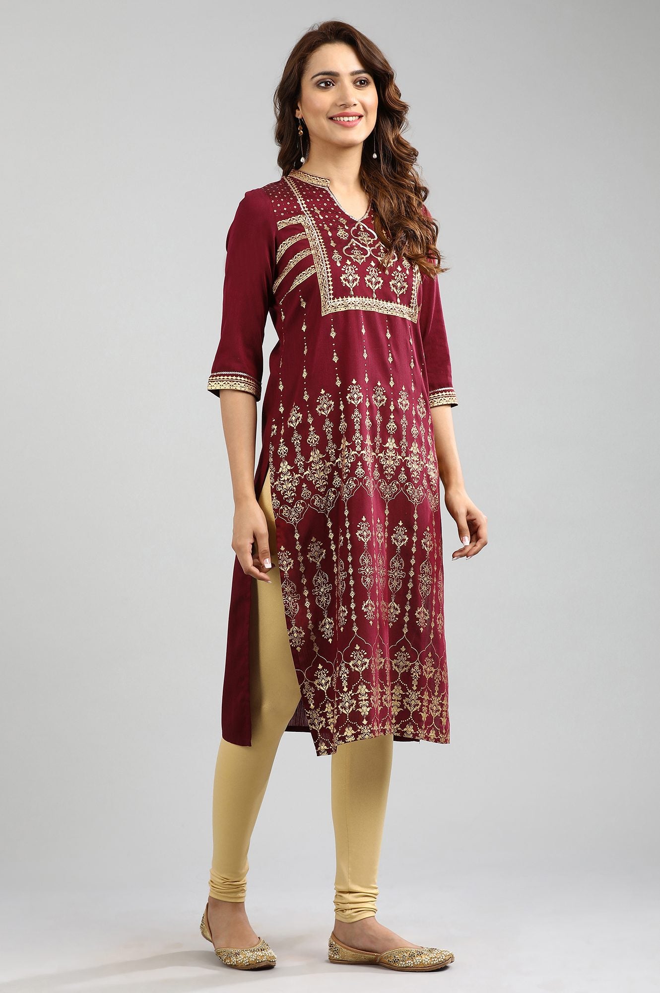 Maroon Band Collar Printed kurta