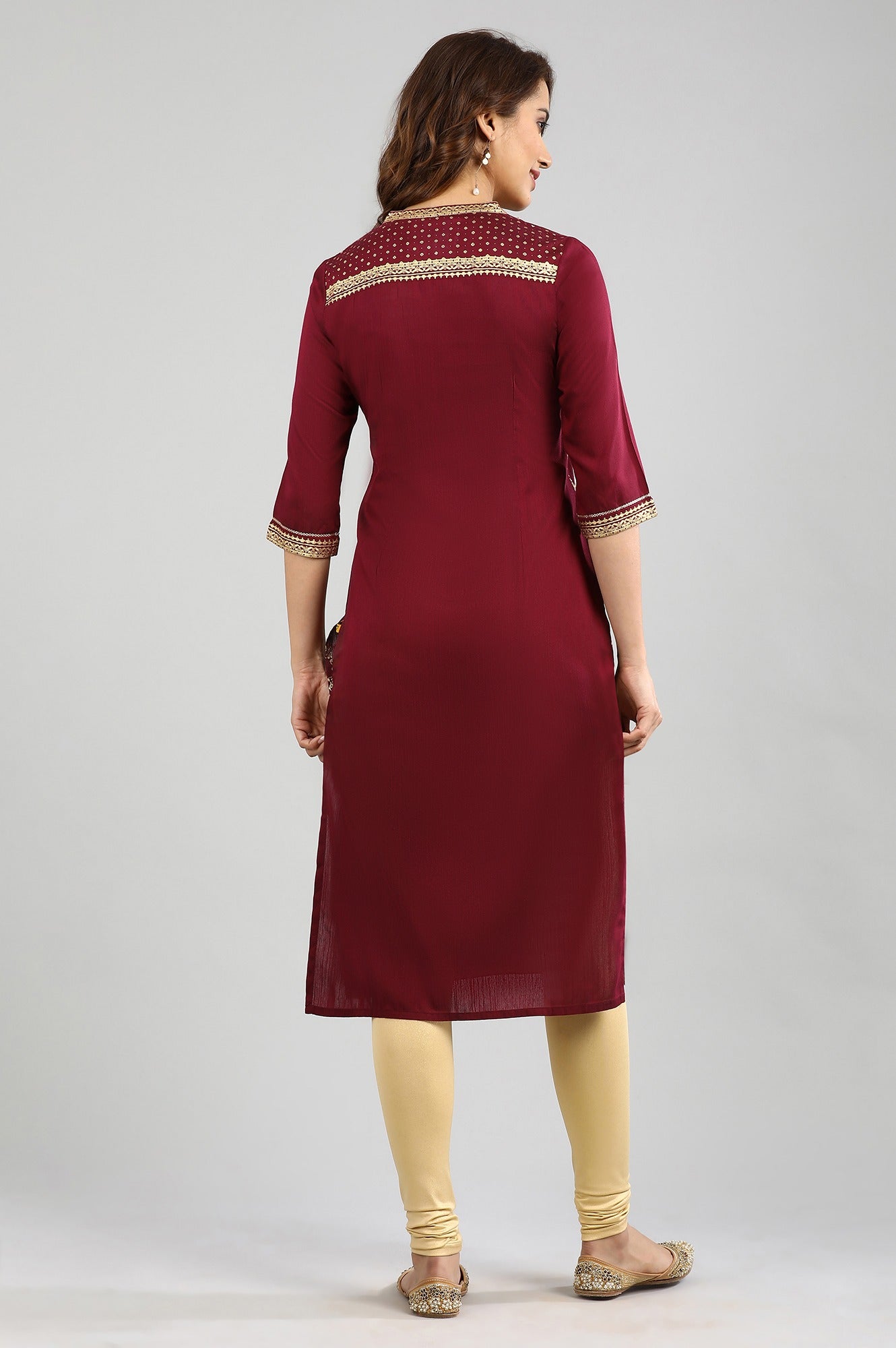 Maroon Band Collar Printed kurta