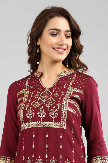 Maroon Band Collar Printed kurta