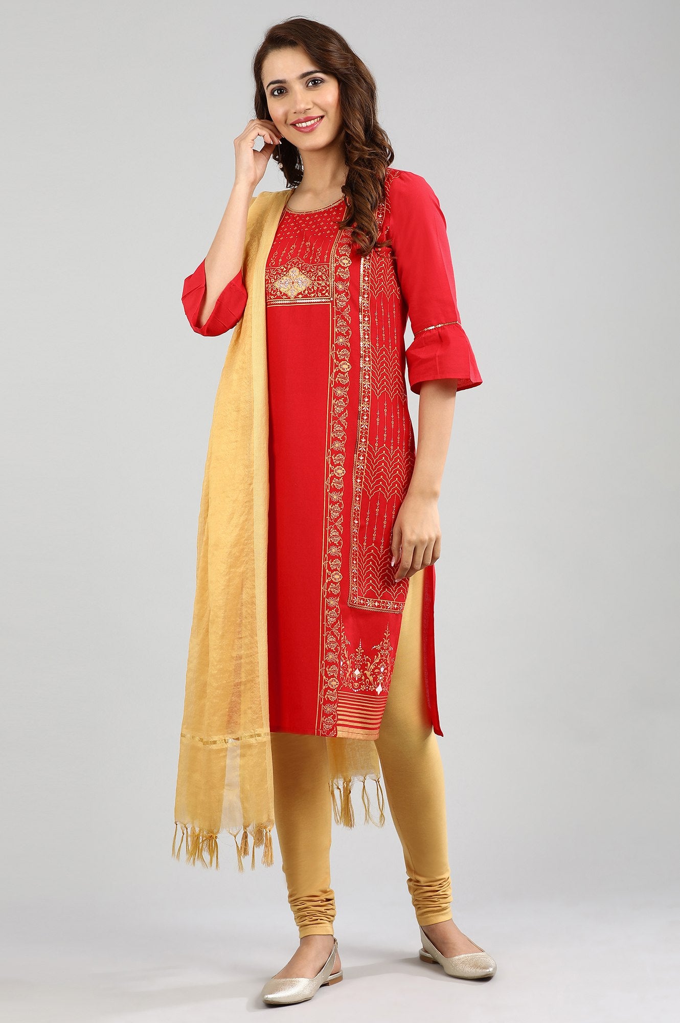 Red Round Neck Printed kurta