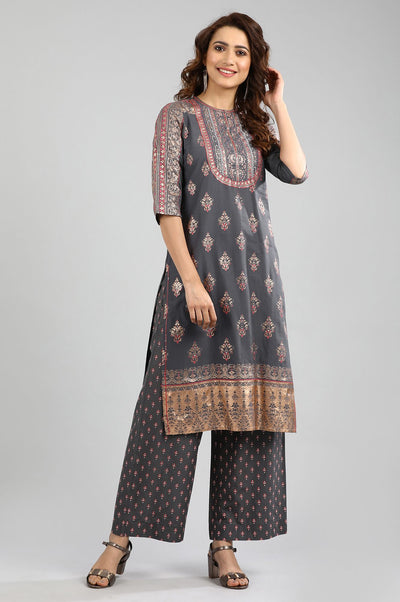 Grey Round Neck Printed kurta