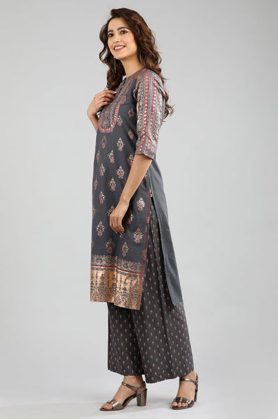 Grey Round Neck Printed kurta