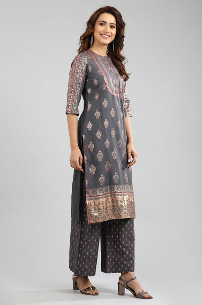 Grey Round Neck Printed kurta
