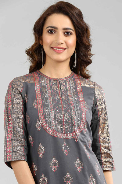 Grey Round Neck Printed kurta