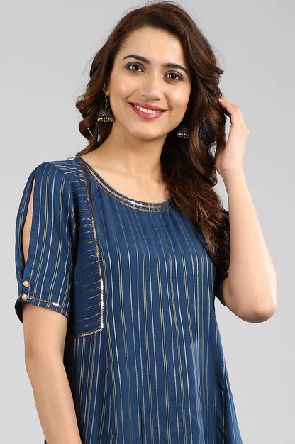 Blue Round Neck Yarn-dyed kurta