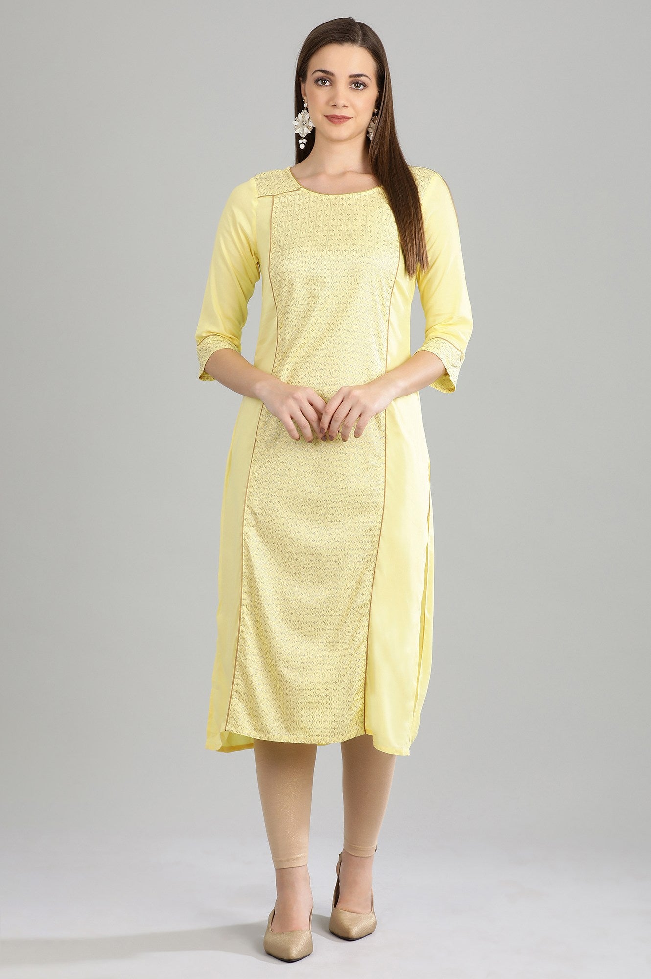 Yellow Round Neck Printed kurta