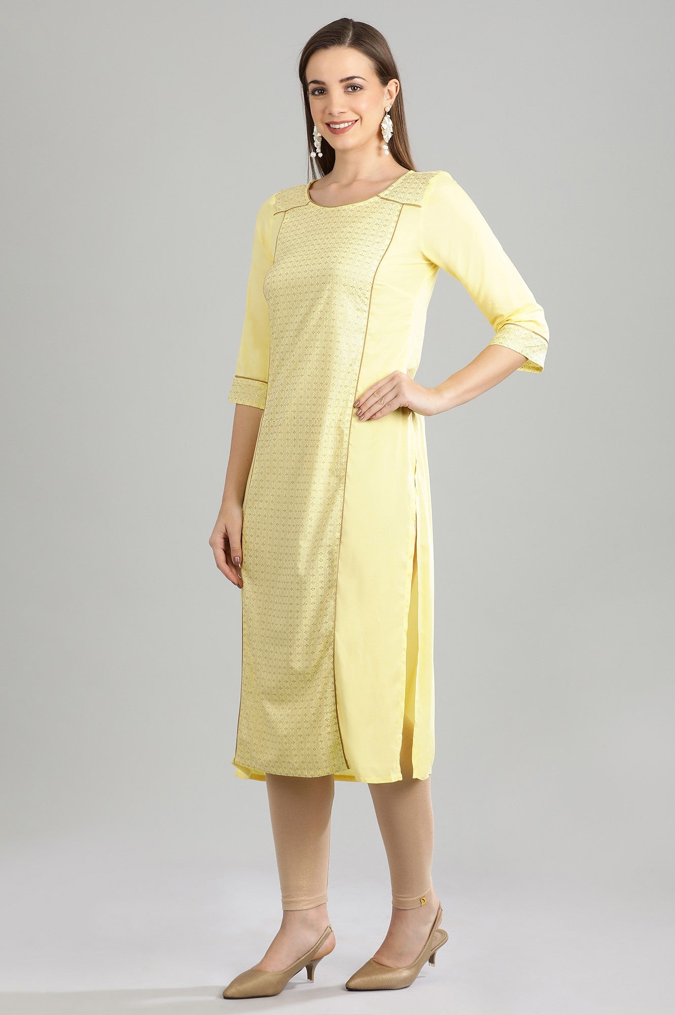 Yellow Round Neck Printed kurta