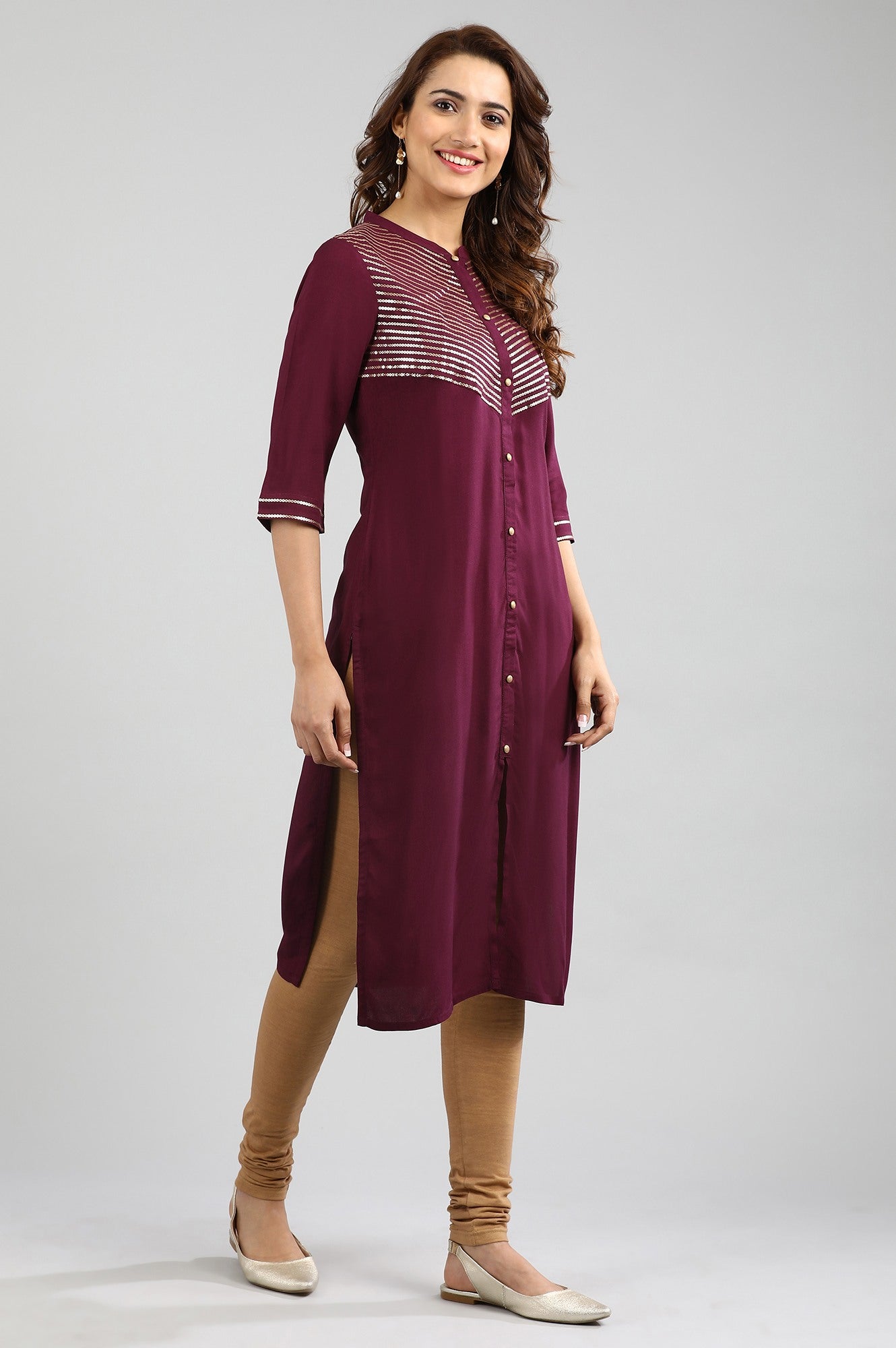 Wine Band Collar Solid kurta