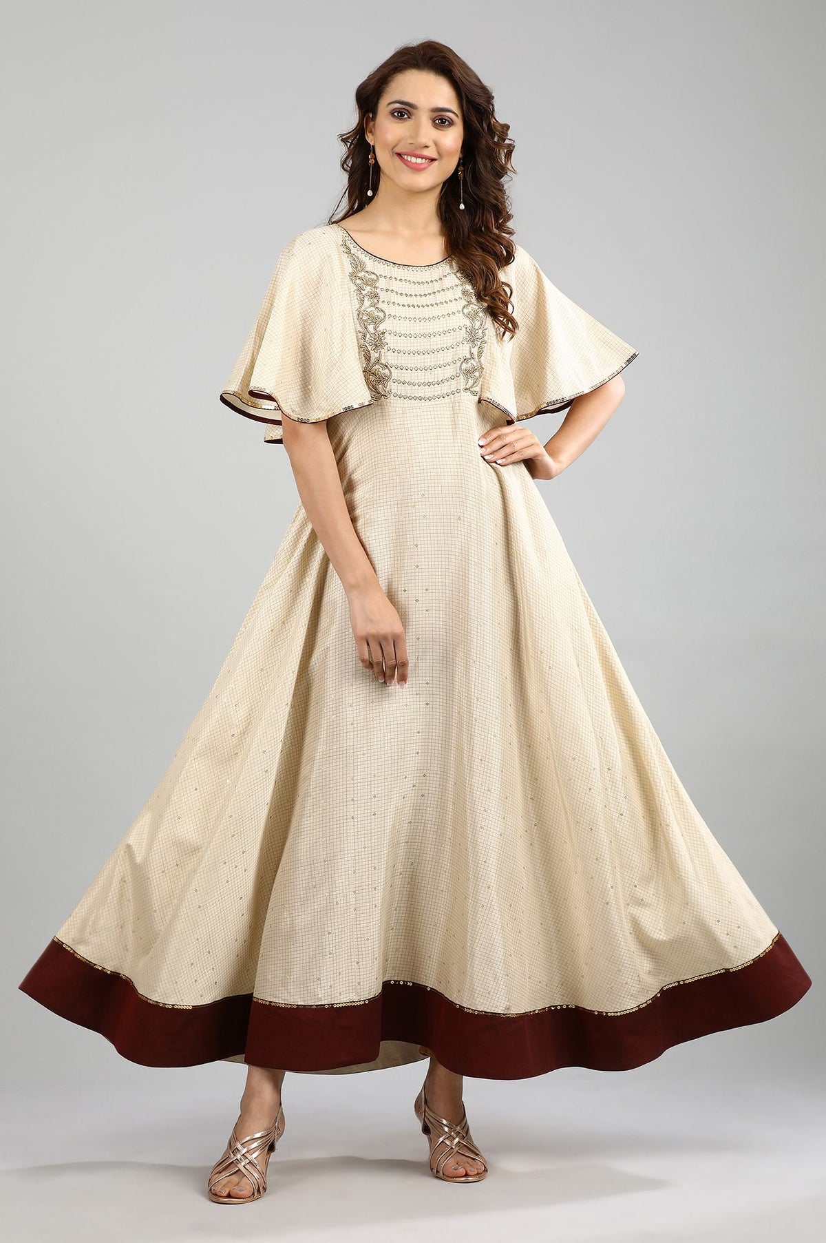 Beige Round Neck A-line kurta - XS