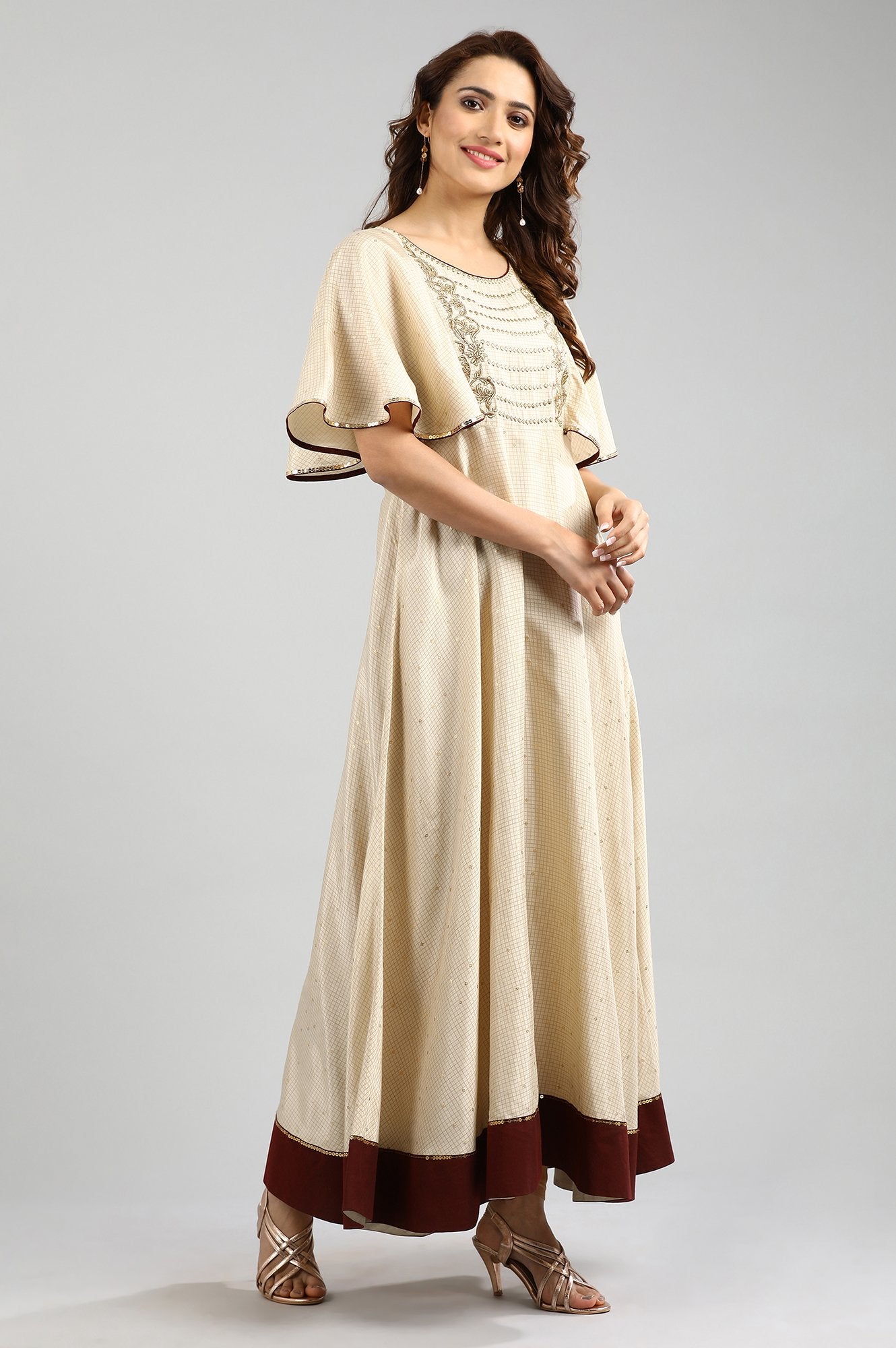 Beige Round Neck A-line kurta