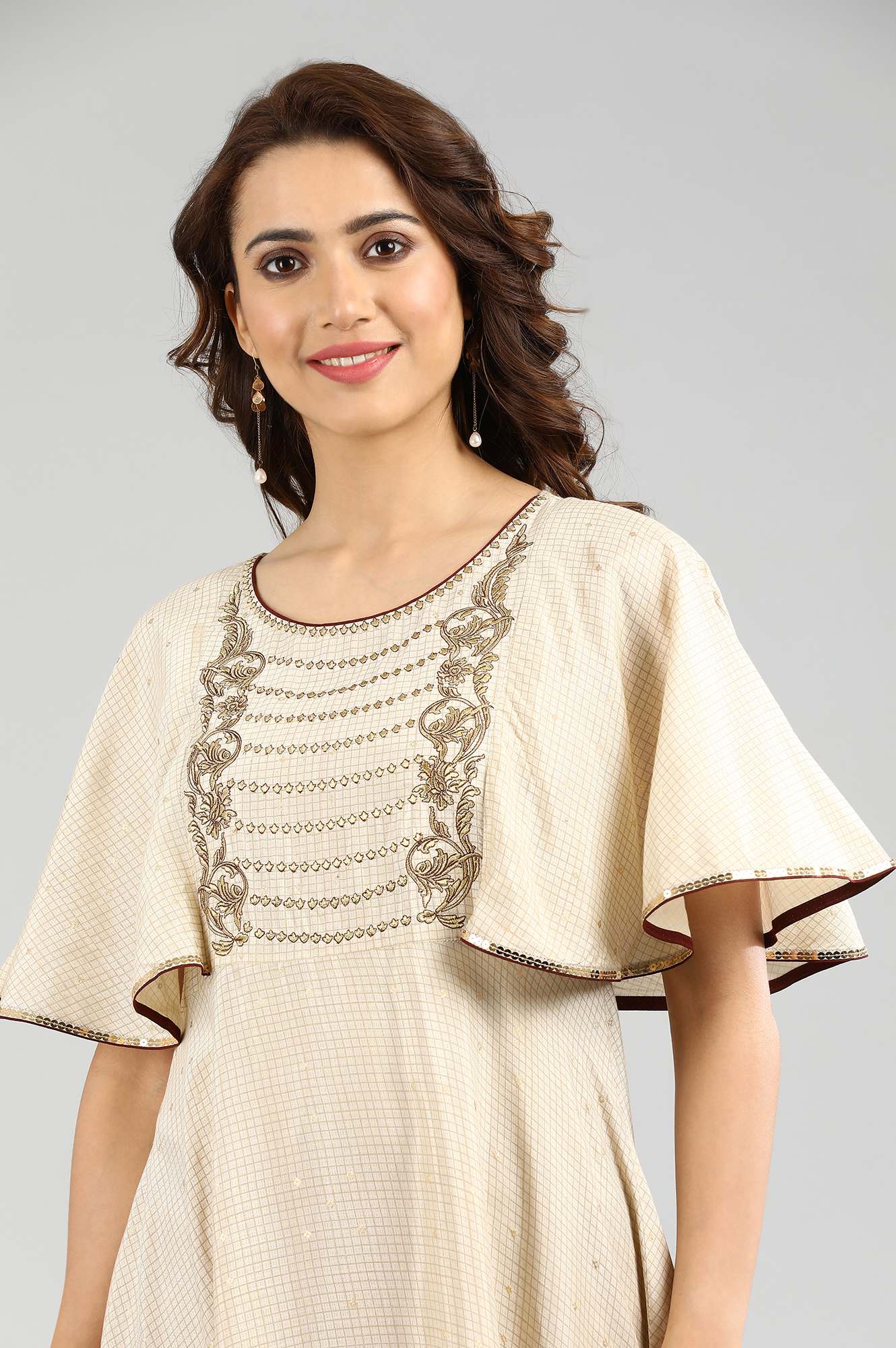 Beige Round Neck A-line kurta