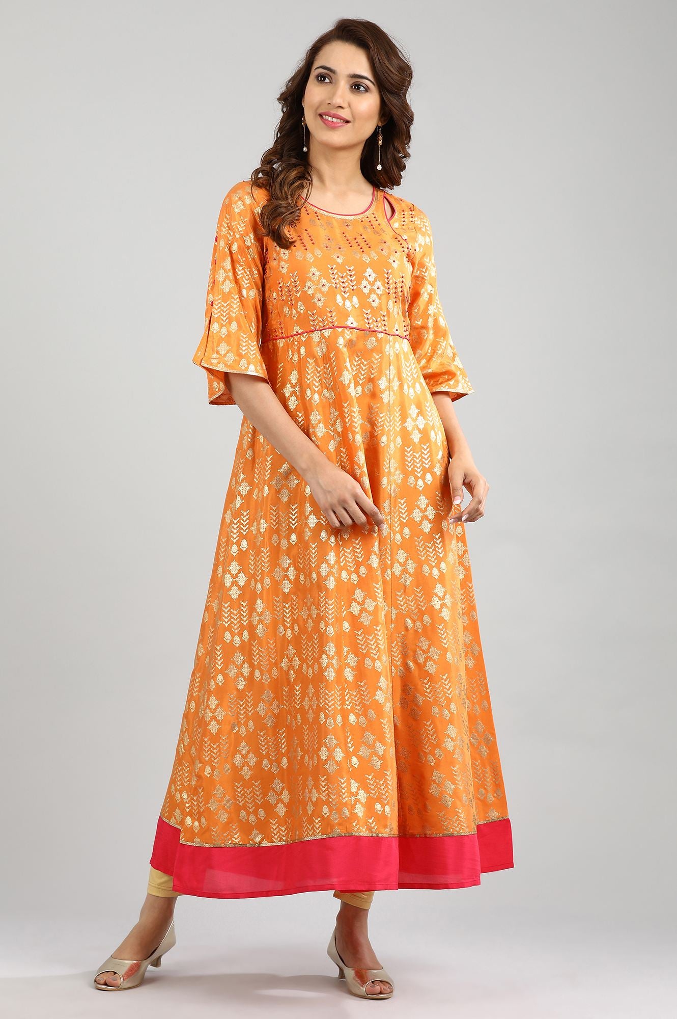 Orange Round Neck A-Line Dress