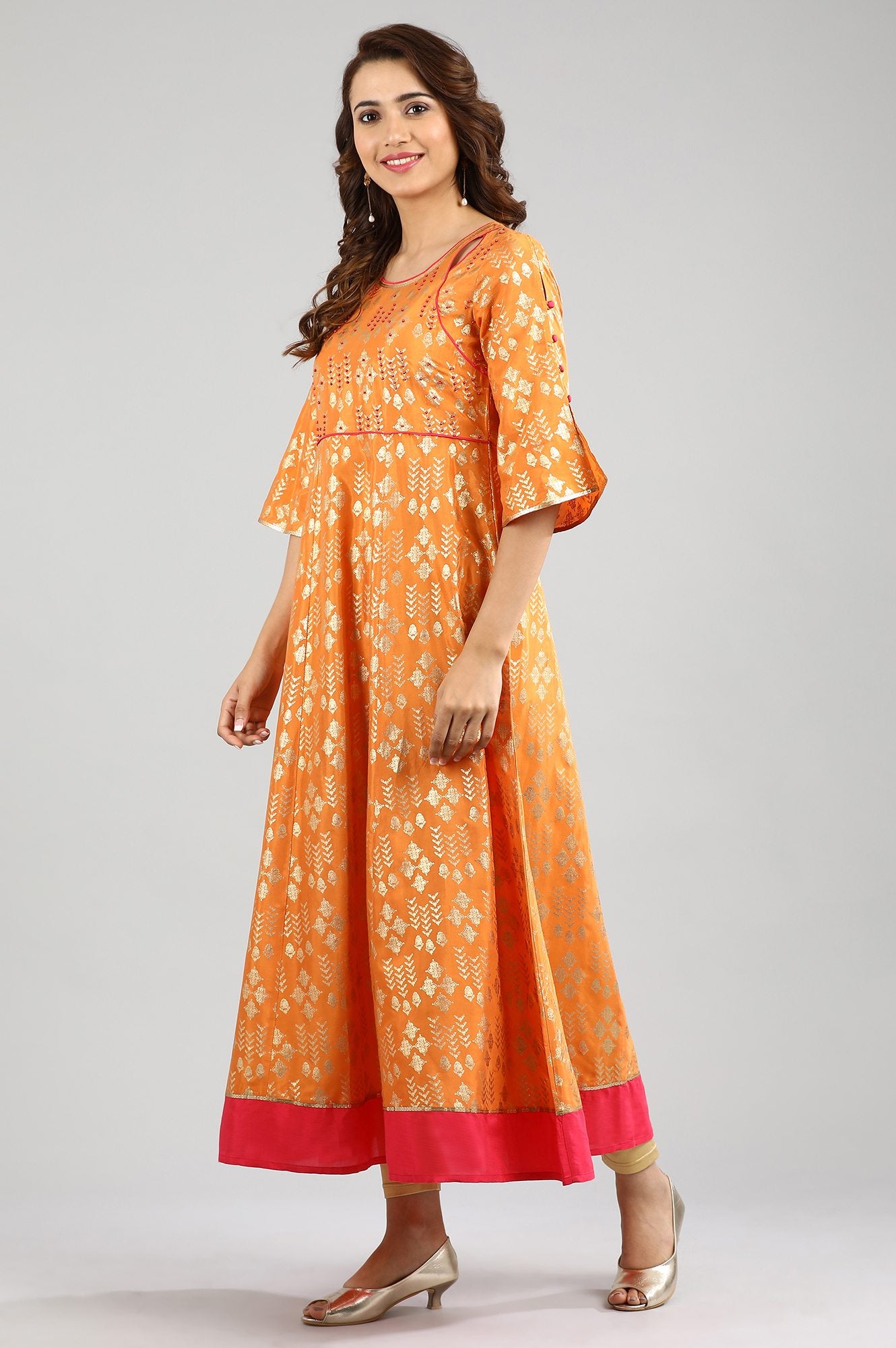 Orange Round Neck A-Line Dress