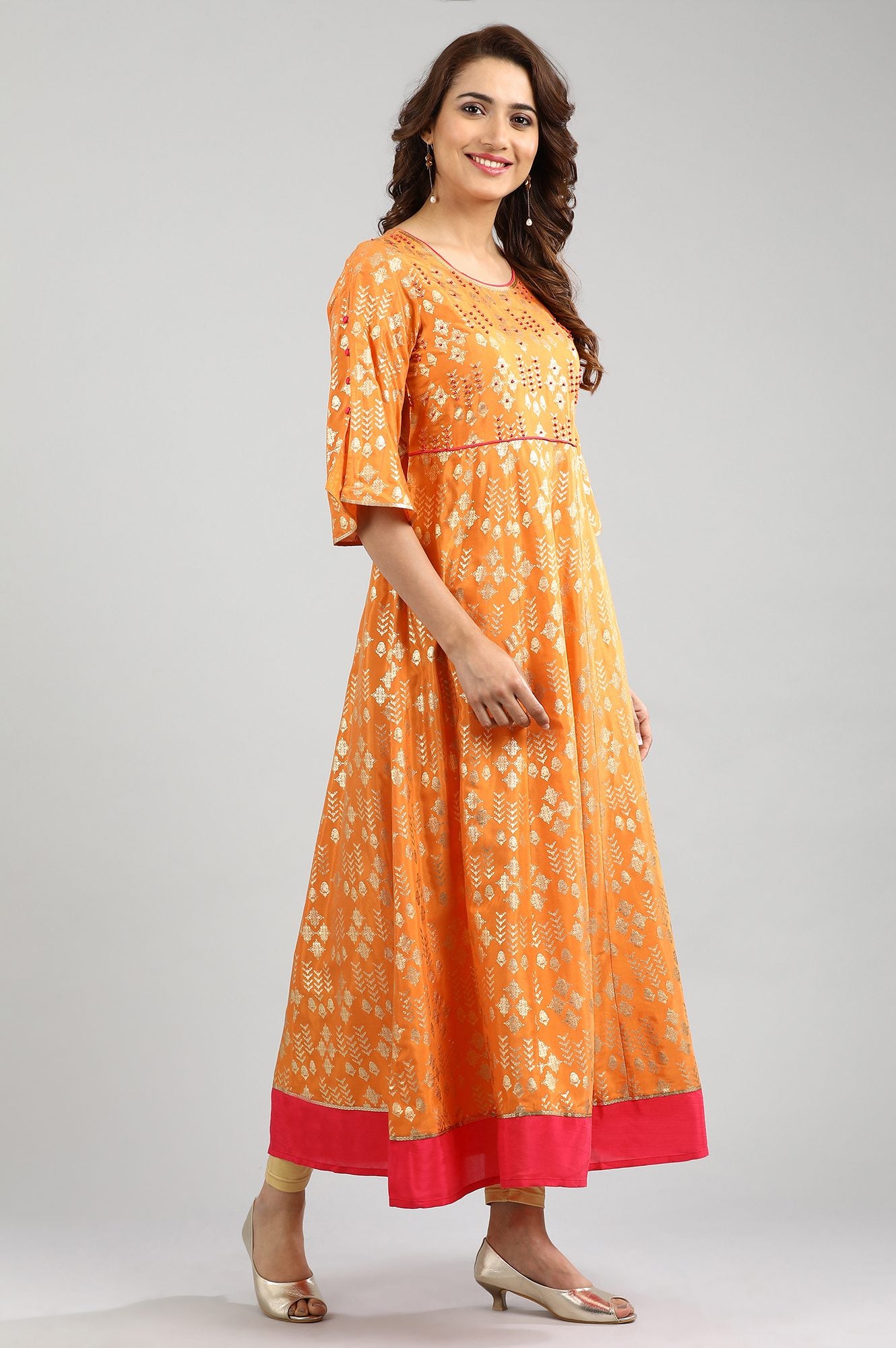 Orange Round Neck A-Line Dress