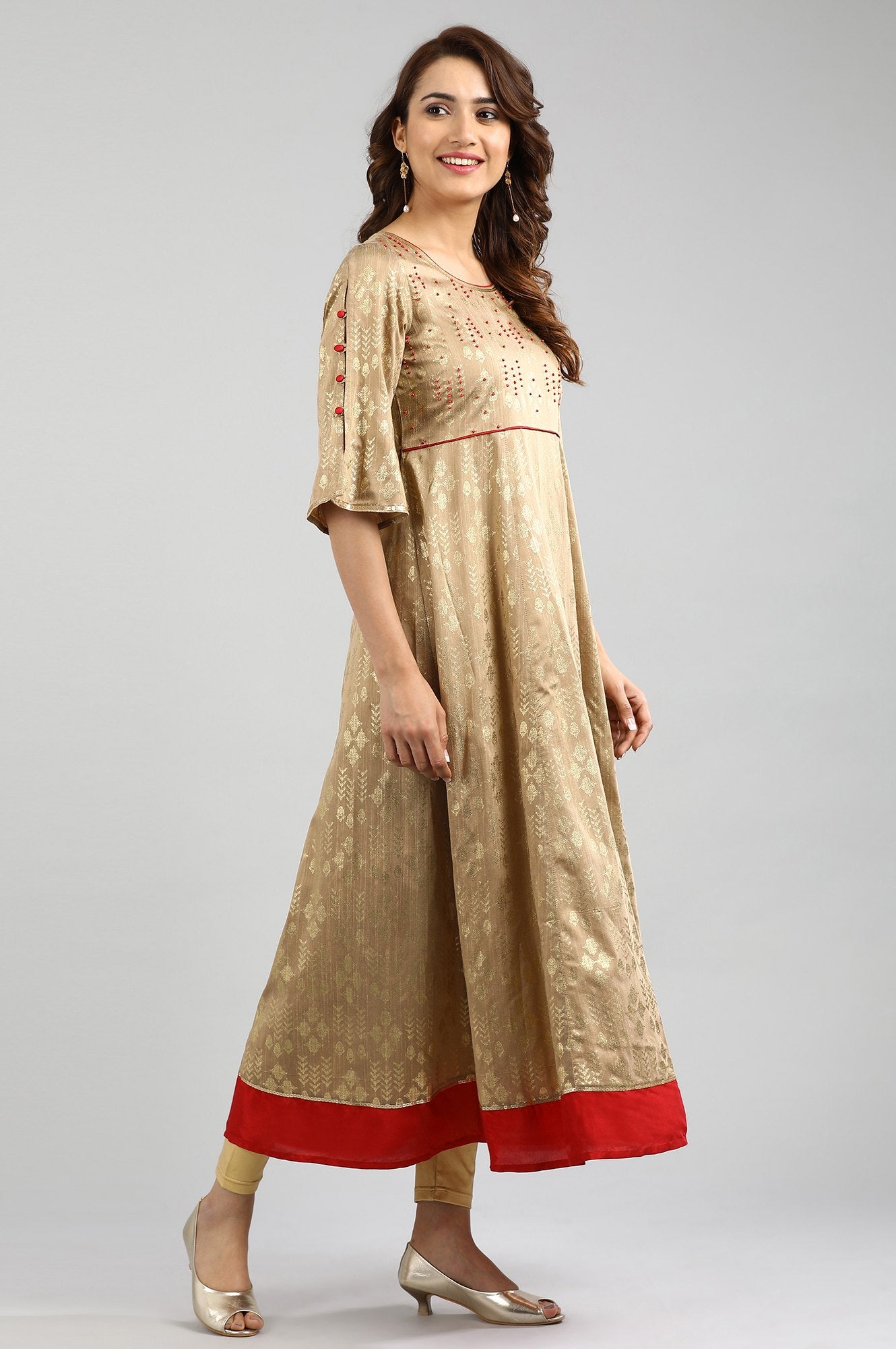 Beige Round Neck A-Line kurta