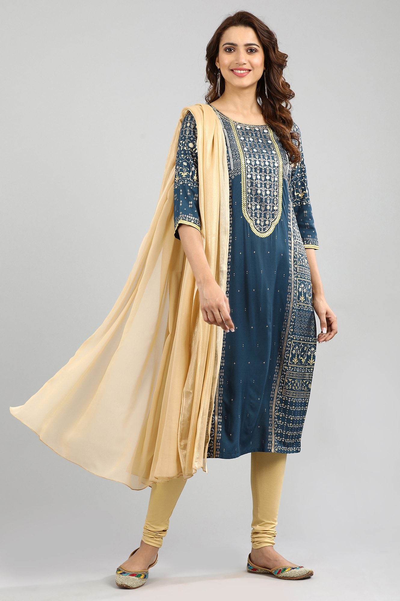 Blue Round Neck Printed kurta