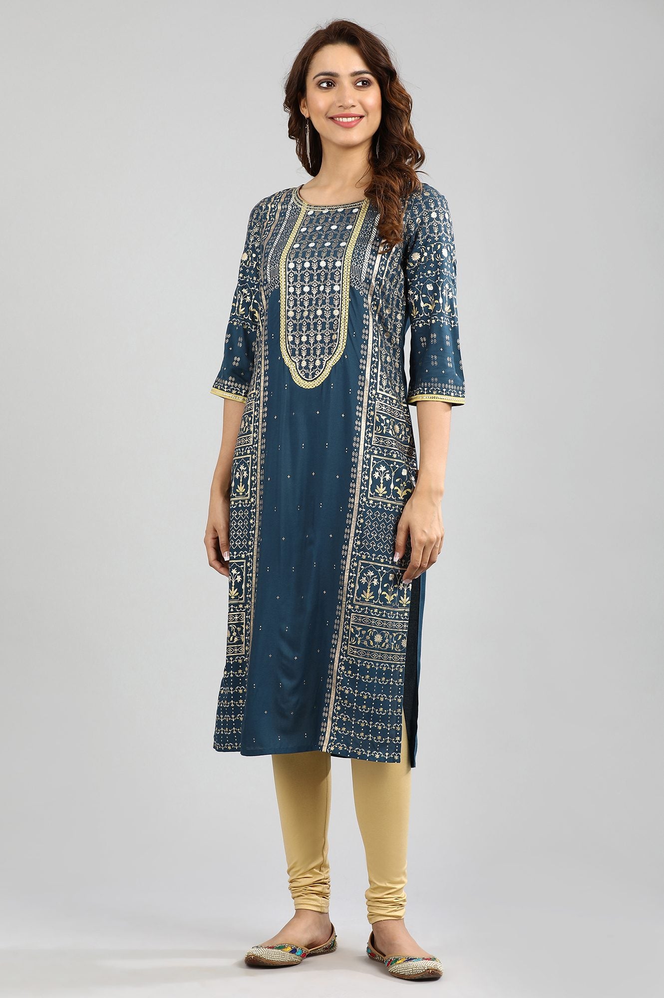 Blue Round Neck Printed kurta