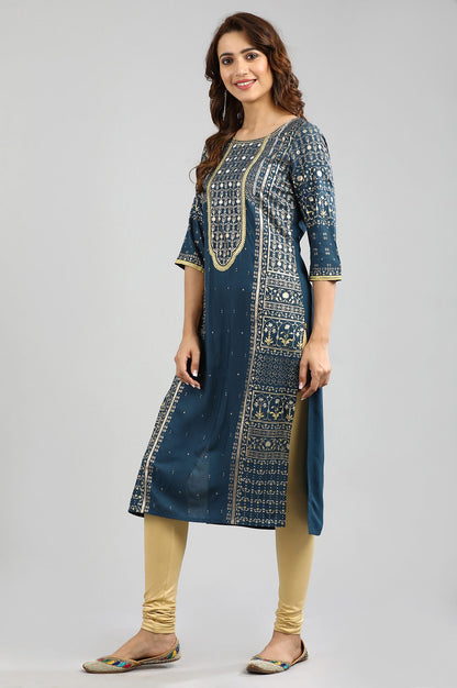 Blue Round Neck Printed kurta