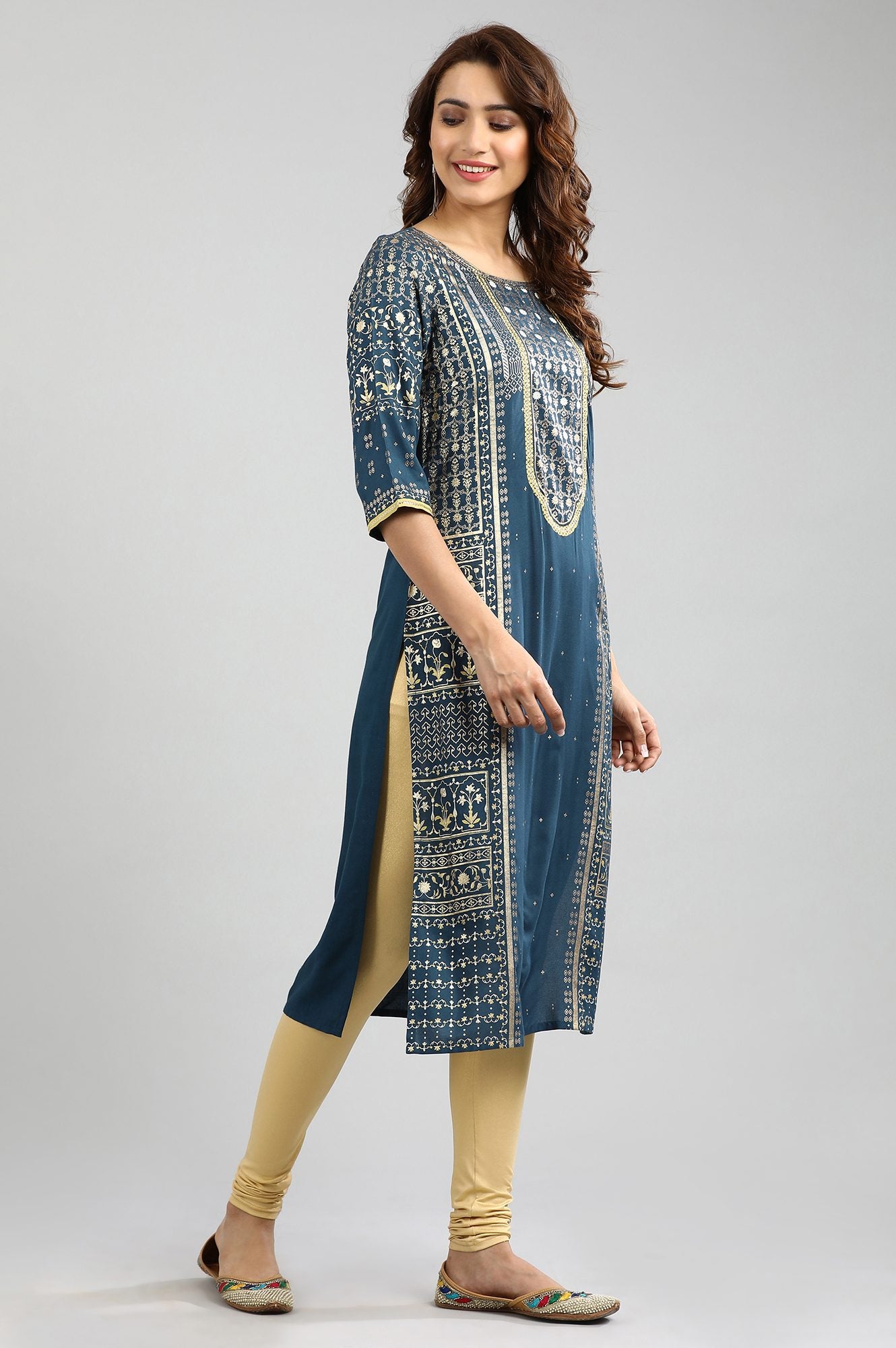 Blue Round Neck Printed kurta