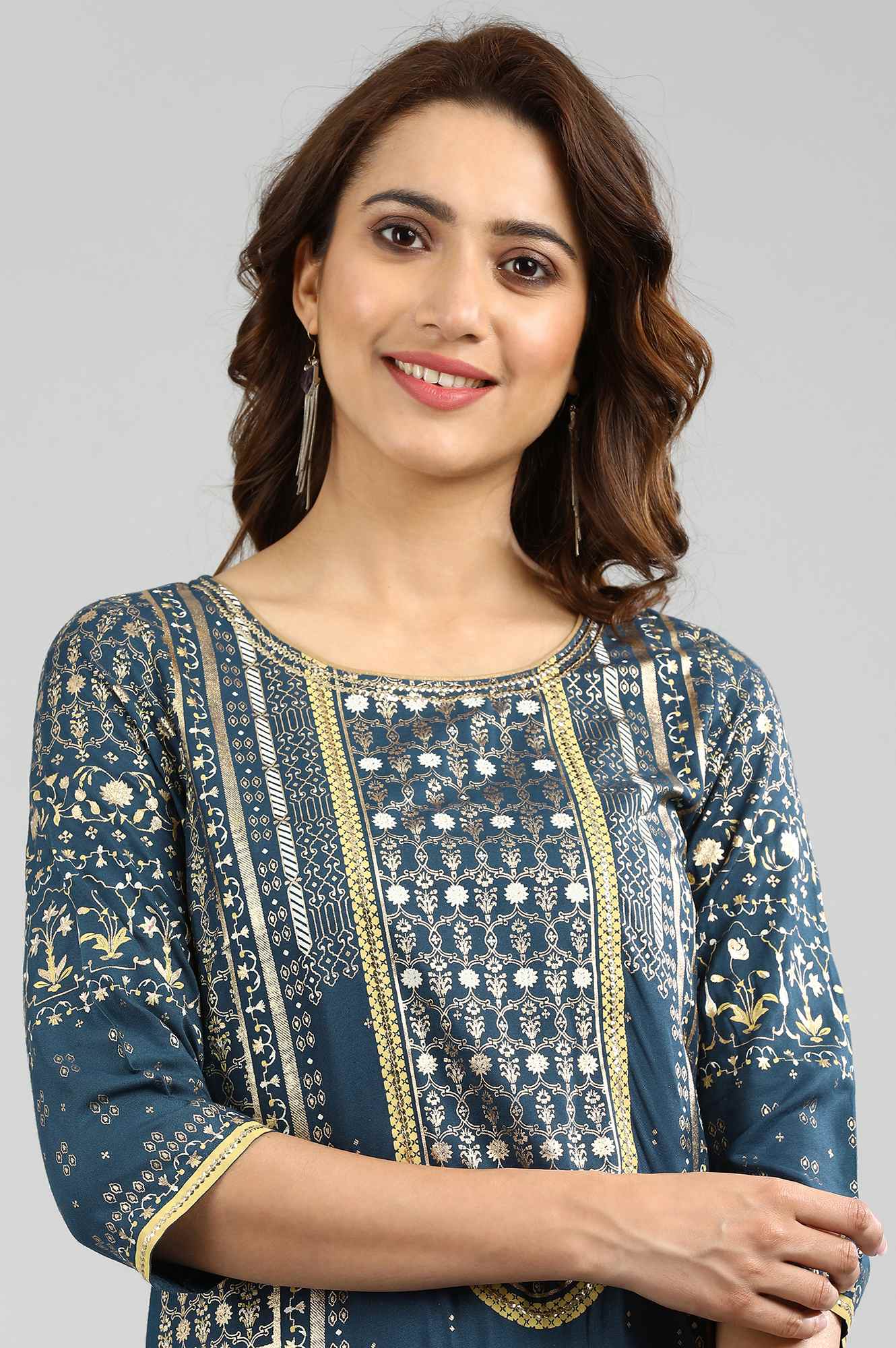 Blue Round Neck Printed kurta