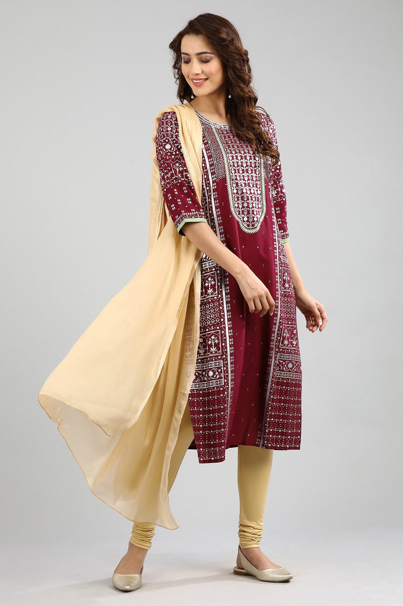 Pink Round Neck Printed kurta