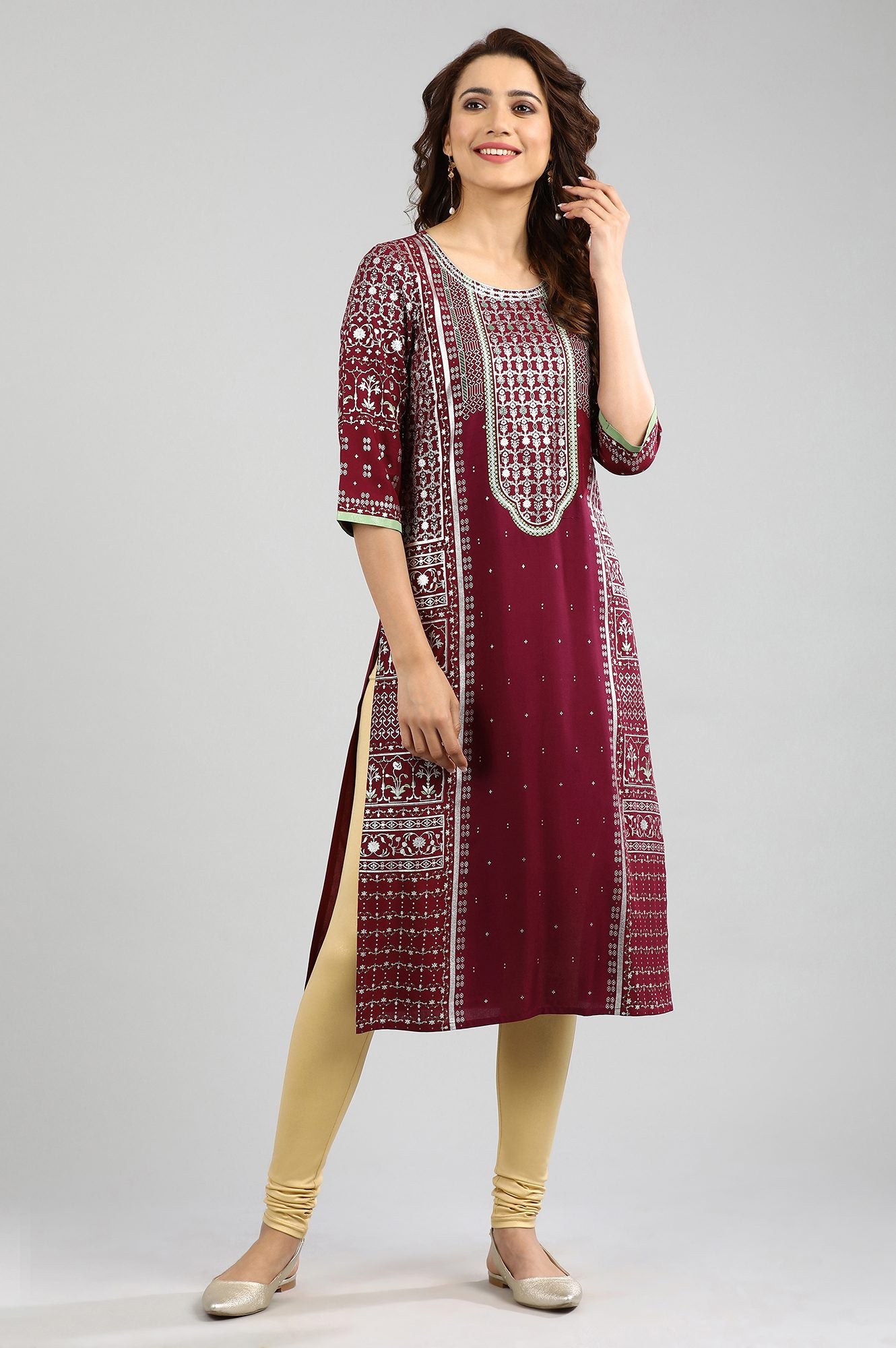 Pink Round Neck Printed kurta