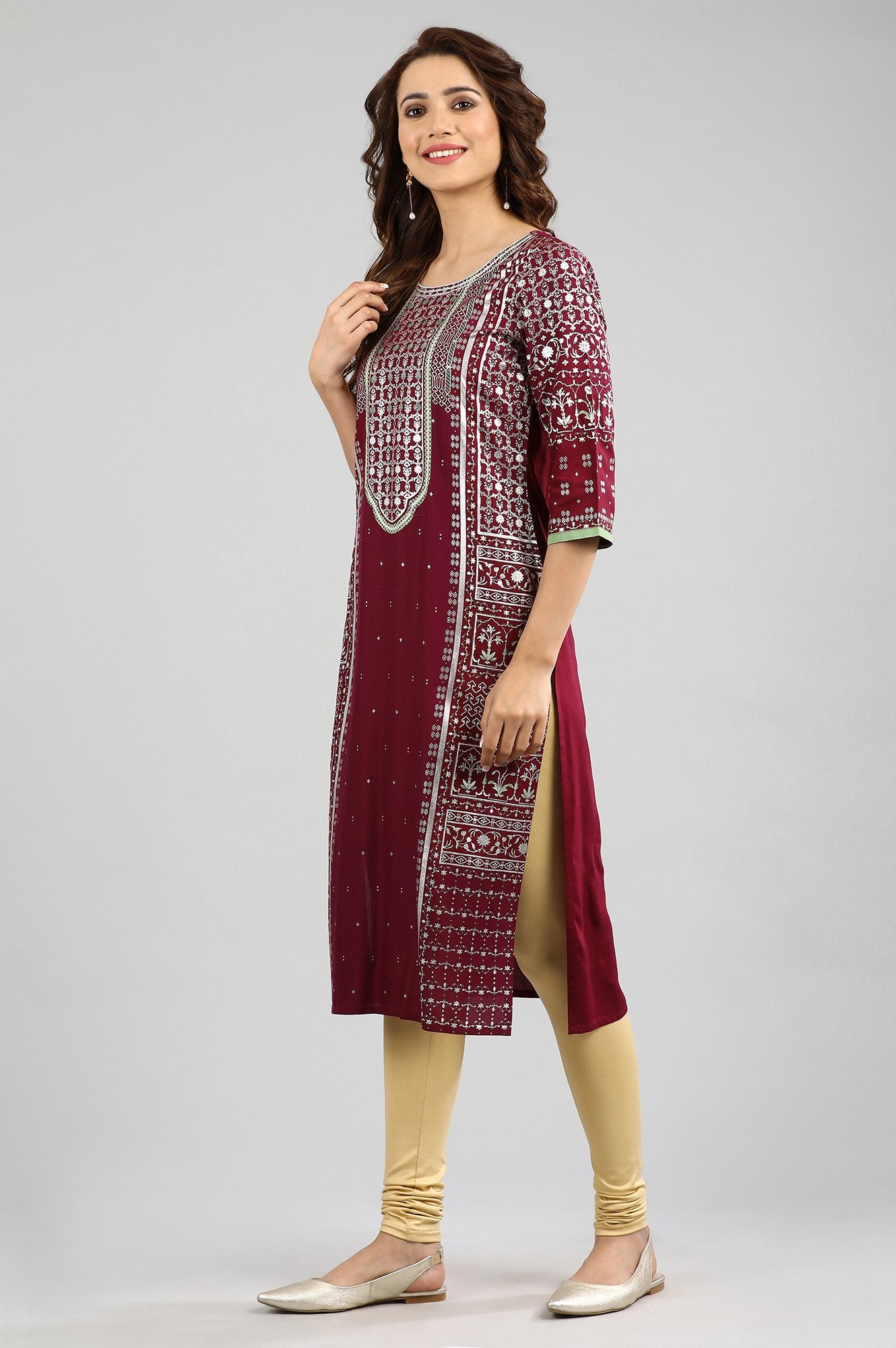 Pink Round Neck Printed kurta